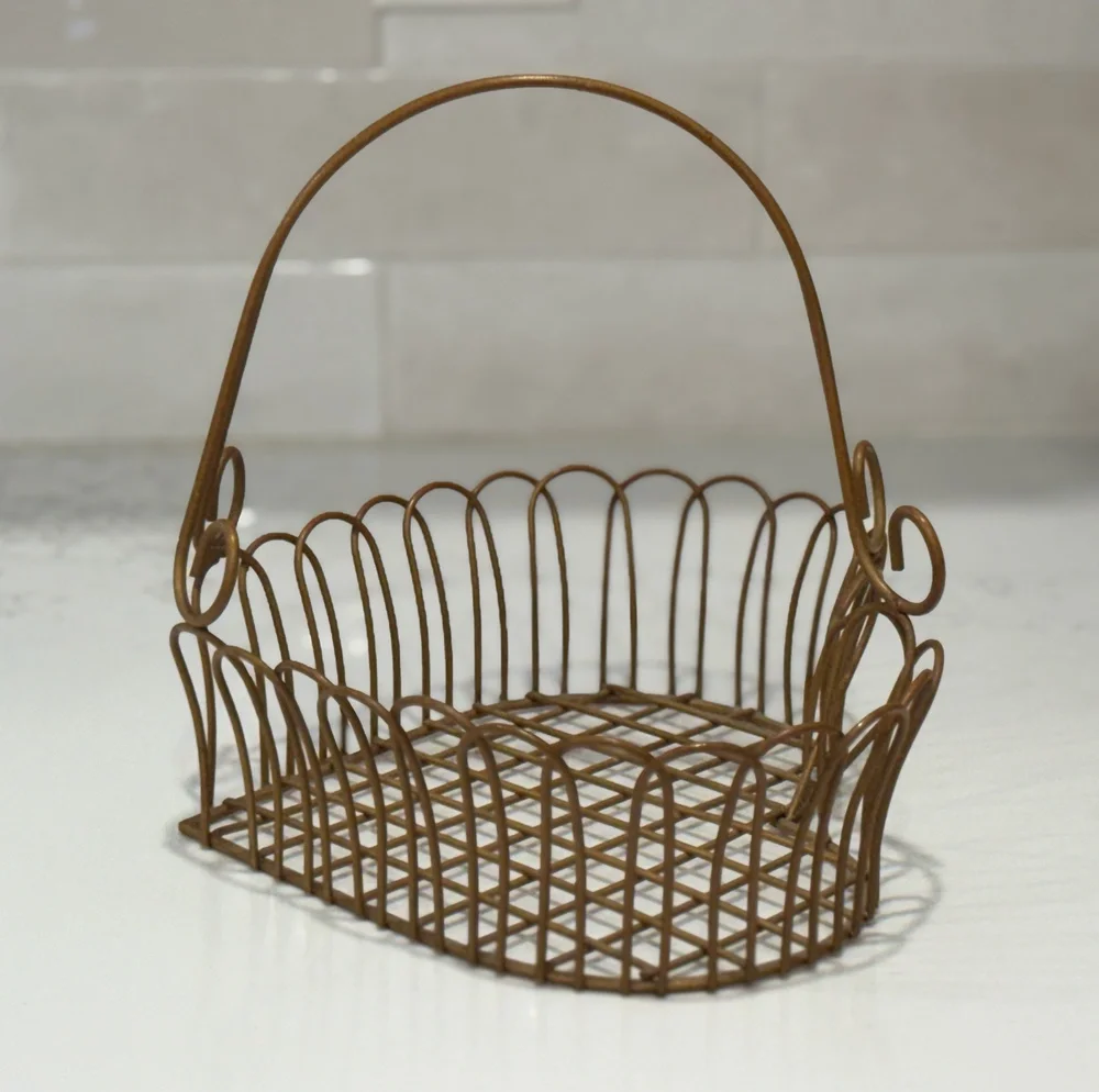 Gold Metal Wire Heart Shaped Gathering Basket Scalloped Scrollwork Cottagecore